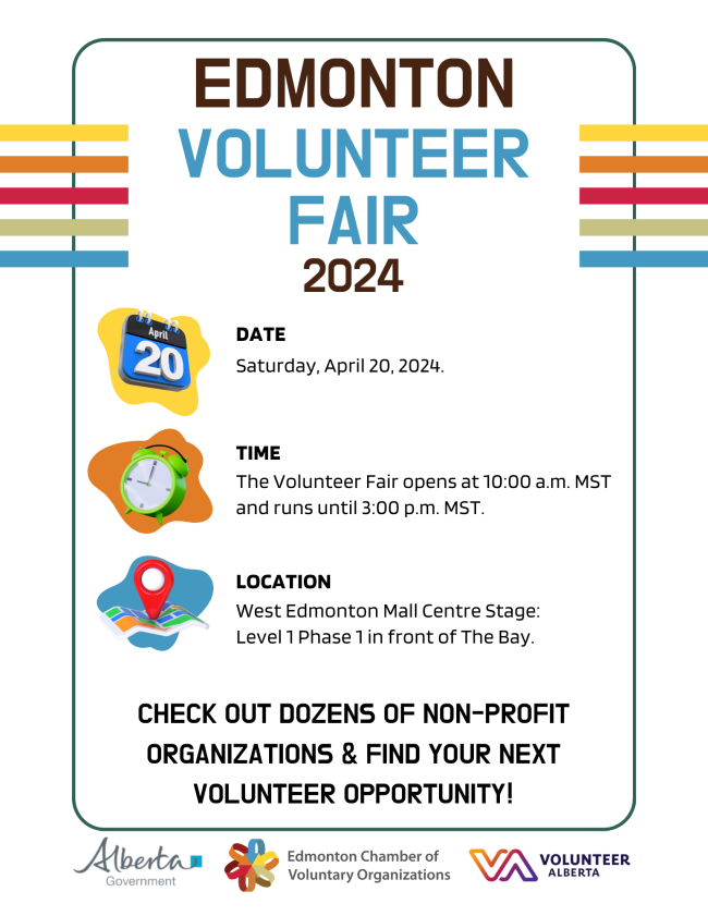 Edmonton Volunteer Fair 2024 on Saturday April 20 from 10 am to 3 pm